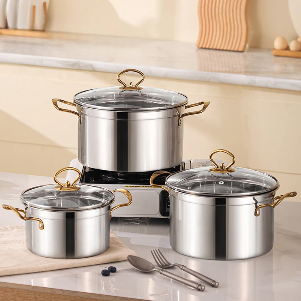 Thickened Cookware Set Soup Pots Stock Pots with Glass Lid Premium Stainless Steel 6-Piece Cooking Pots Set Induction Compatible