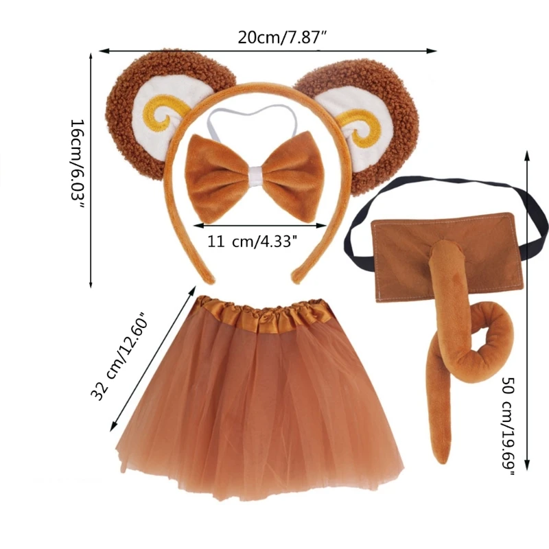 Monkey Costumes Set Animal Ears and Tail Set Monkey Fancy Dress Accessories Ears Headband Bow Halloween Cosplay Props