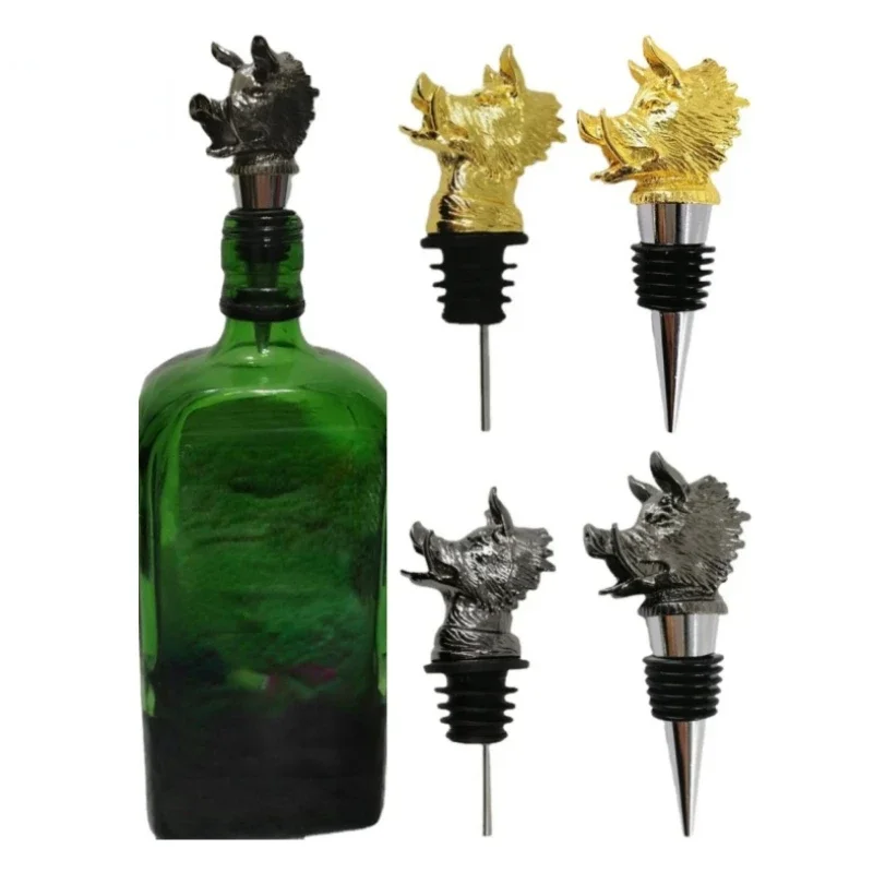 Practical Combination 2pcs Classics Wild Boar Head Wine Pourers Set Zinc Alloy Art Wine Mouth Bar Family Bottle Stopper Gift