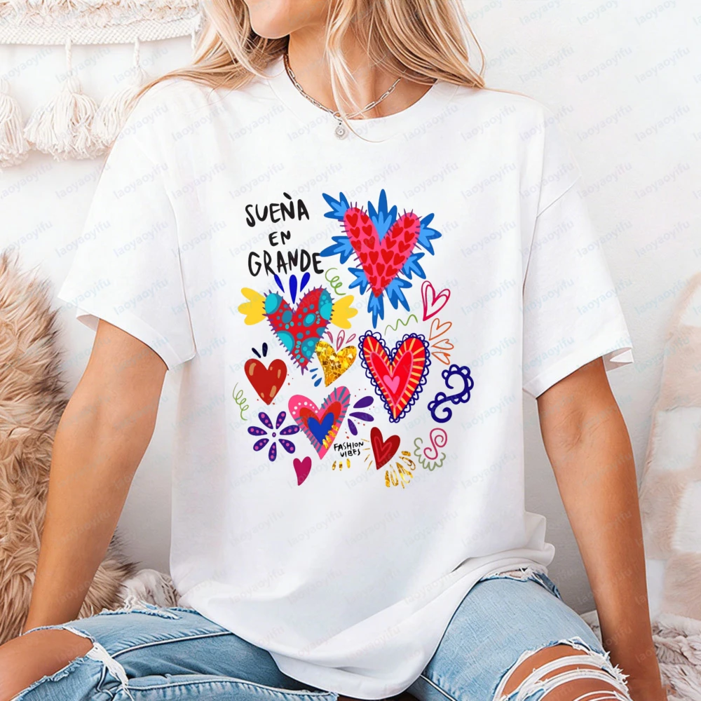 

Sueña En Grande Tshirt Colorful Hearts Graphic Tops Latinx Inspirational Cotton Tee Classic Fashion Streetwear Clothes for Women
