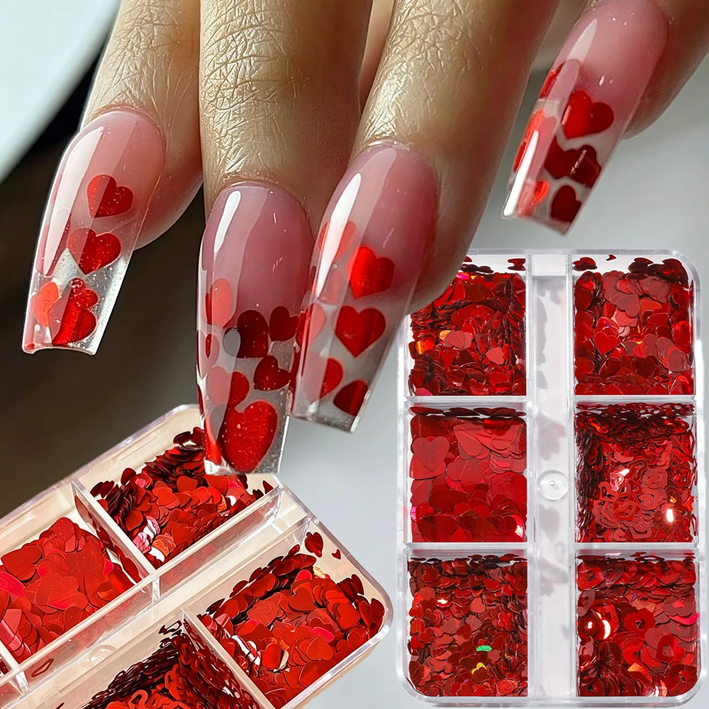 6Grids Valentine's Day Heart Nail Art Sequins 3D Red Love Glitter Holographic Paillette Flakes For DIY Slice Manicure Decoration