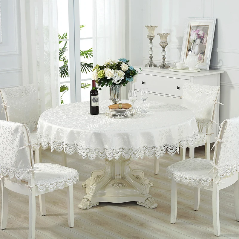 Table Cloth Round Table Cover Cream Satin Dining Table Cloths Turntable Folding Embroidery Lace Flower Home Towel Chair Cover