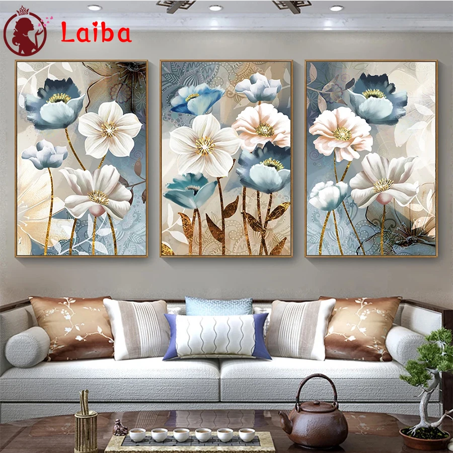 

DIY Diamond Painting Modern Abstract Blue Golden Flower Diamond Mosaic Full Drill Square round Cross Stitch Handmade Hobby3pcs