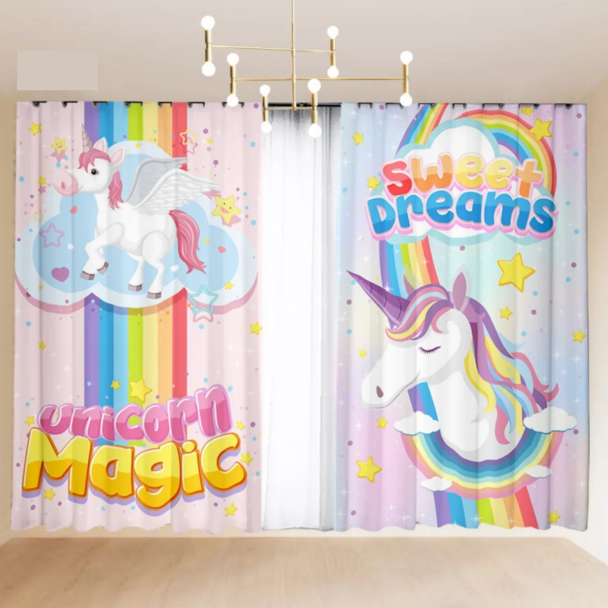 

2Pcs Custom Children's Cartoon Pink Princess Wind Rainbow Unicorn Horse Curtain Little Girl Bedroom Semi-blackout Curtain Blinds