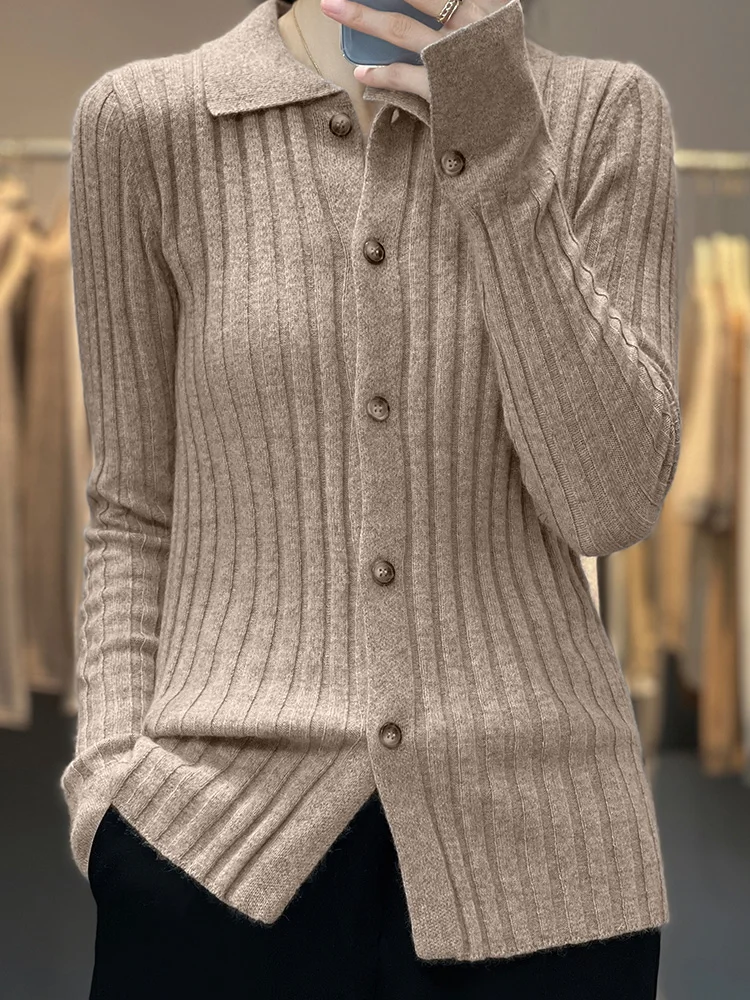 

100% Merino Wool Women Sweater Autumn Winter Polo Collar Knitwear Striped Cardigan Long Sleeve Clothing Tops Casual Outerwears