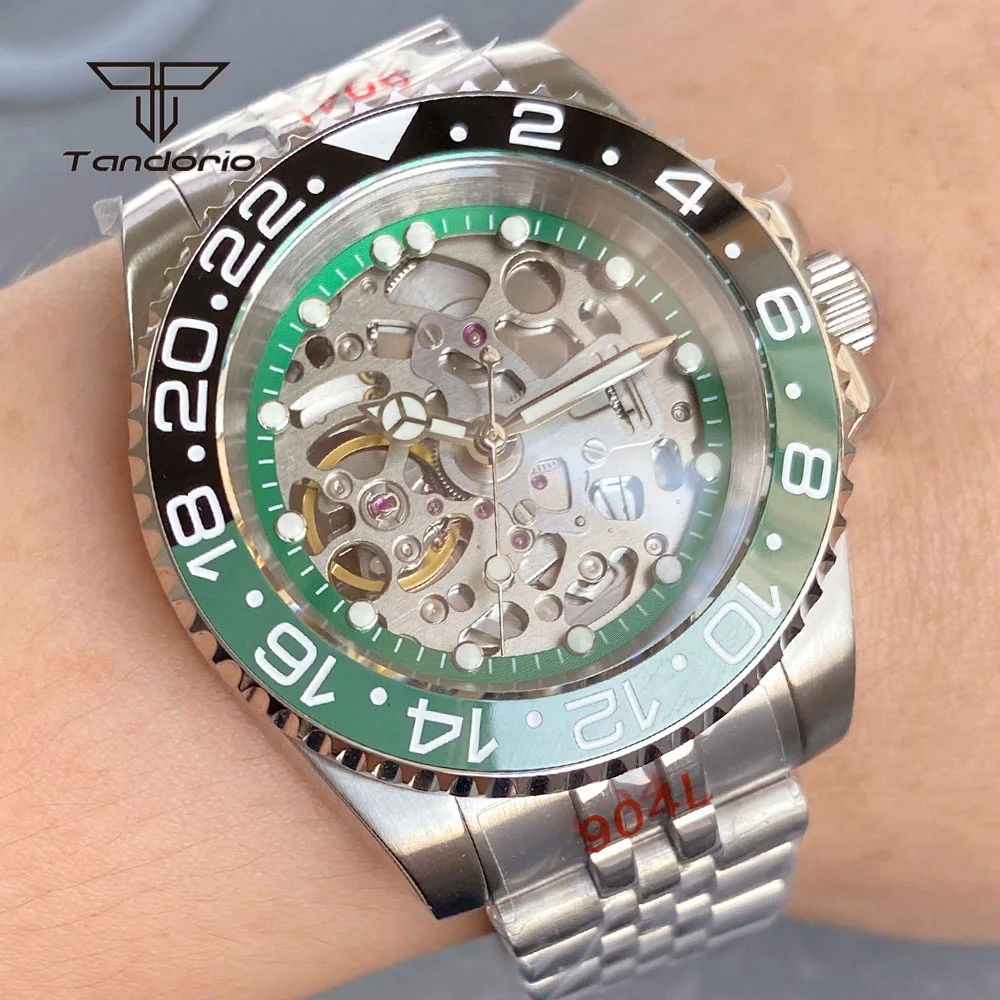 Tandorio Stainless Steel Automatic Men Watch Sapphire Skeleton NH70 Hollow Dial 40mm Mechanical Wristwatch Ceramic Bezel 20atm