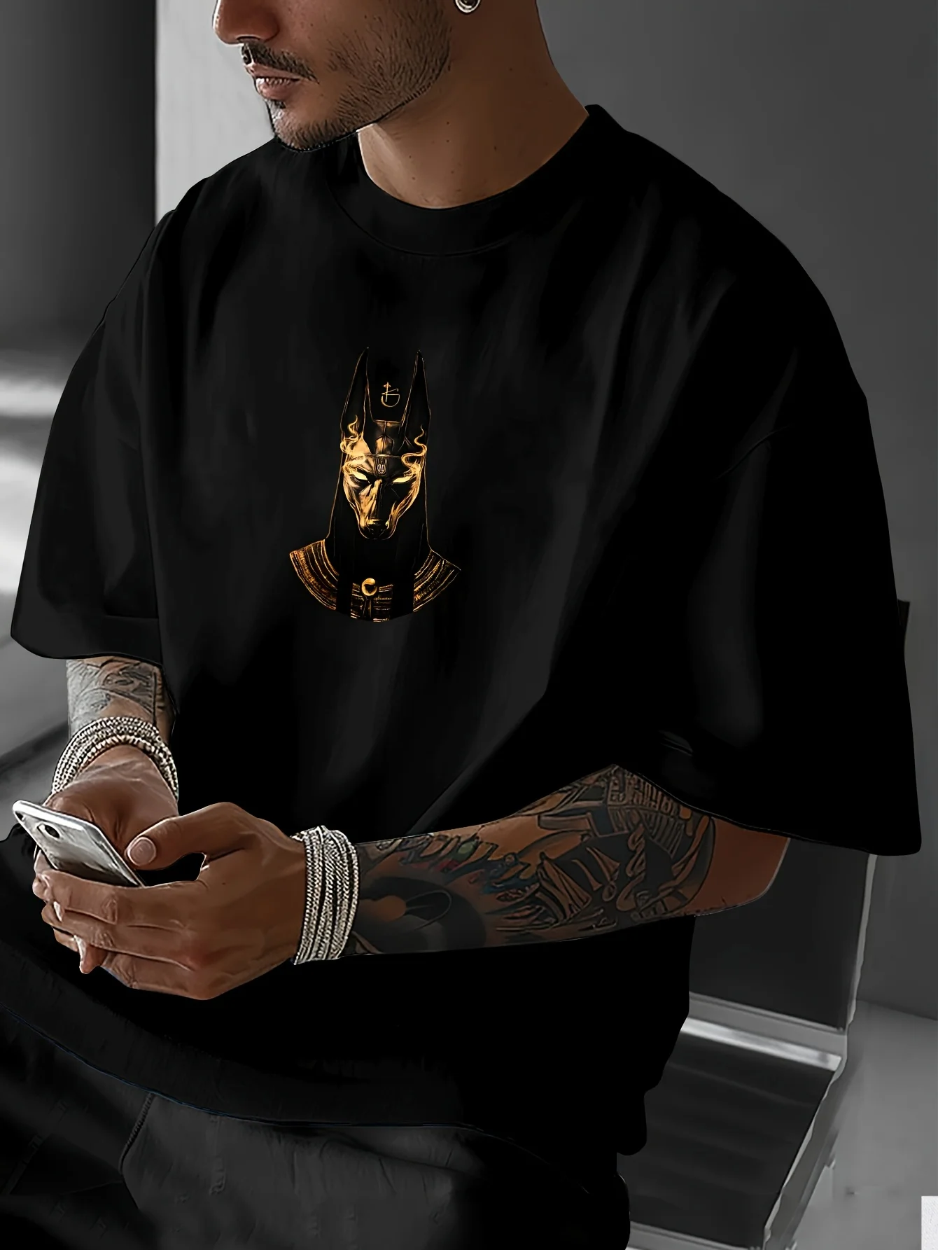 Dark Style Round Neck T-Shirt Ancient Egyptian Mythology Mummy Creation Guardian Trendy Streetwear T-Shirt Men's Women Loose Fit