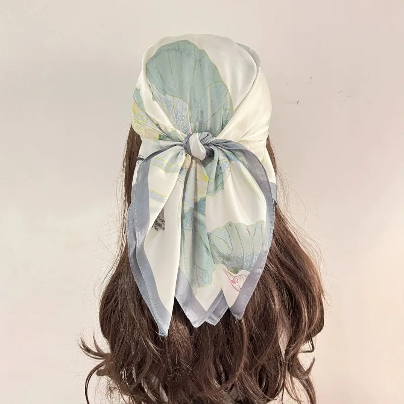 

70 см шелковый шарф из свежего лотоса, женский искусственный шелк, свежий и элегантный шарф с принтом, тонкий весенне-летний и осенний платок-шаль