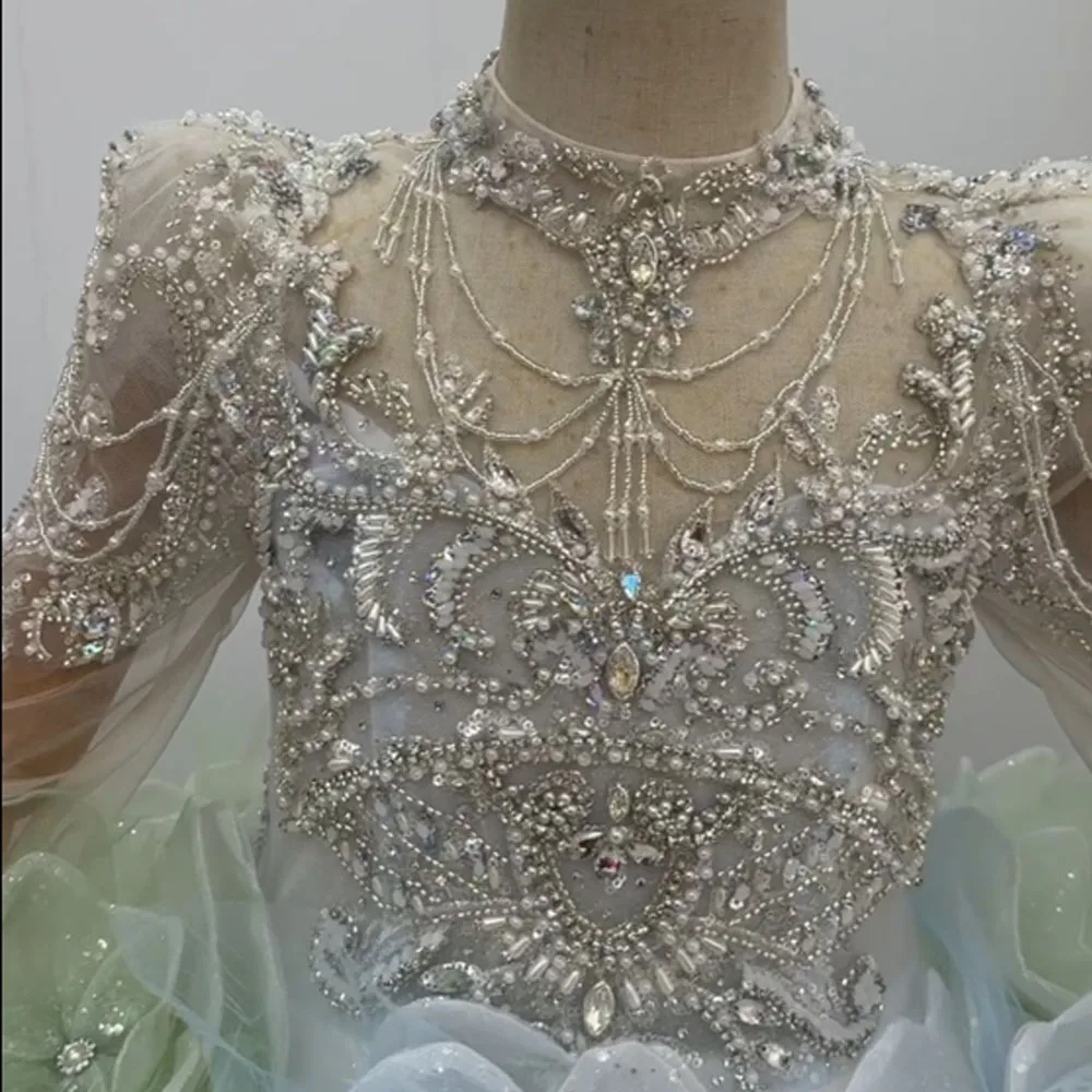 Customized Flower Girl Dress Turtle Long Sleeve Floor Length Beaded 3D Flower Wedding Gown For Kids Birthday And First Communion