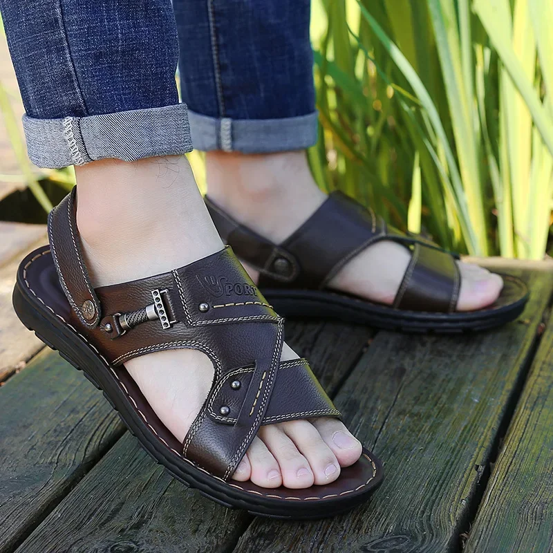 Sandal kulit sol tebal untuk pria, sandal jari terbuka dewasa, sepatu pantai Non slip, sandal kulit sol tebal untuk pria, sandal luar ruangan musim panas