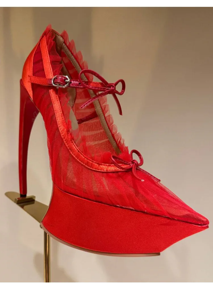 Spring/Summer New Pointed Stiletto High Heels Thick Bottom Ballet Sandals Bow Fashion Show Wedding Party Women's High Heels image 6