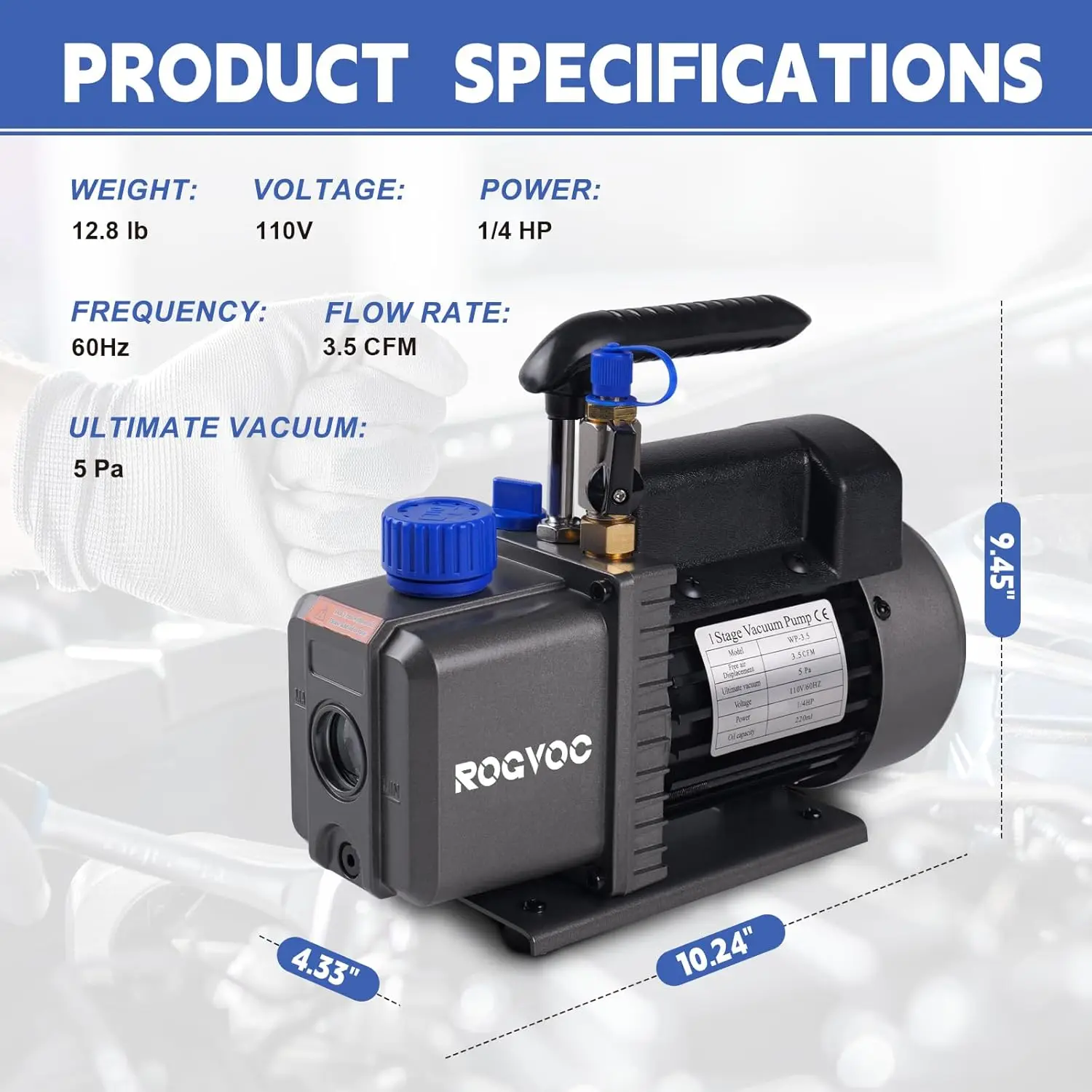 3.5 CFM真空ポンプ、110V 1/4 HP単段ロータリーベーン式エアバキュームポンプ、HVAC/自動車、AC冷媒充填用、適用可能