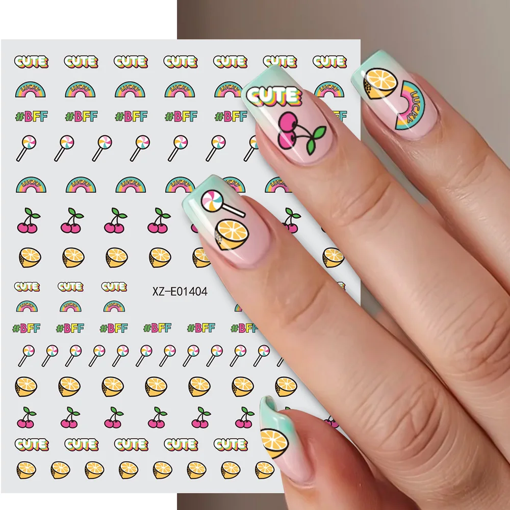 

3D Rainbow Fruits Cherry Nail Stickers Cute Candy/Lemon Fun Self-Adhesive Nail Art Decals Skittles Kids Christmas Manicure Decal
