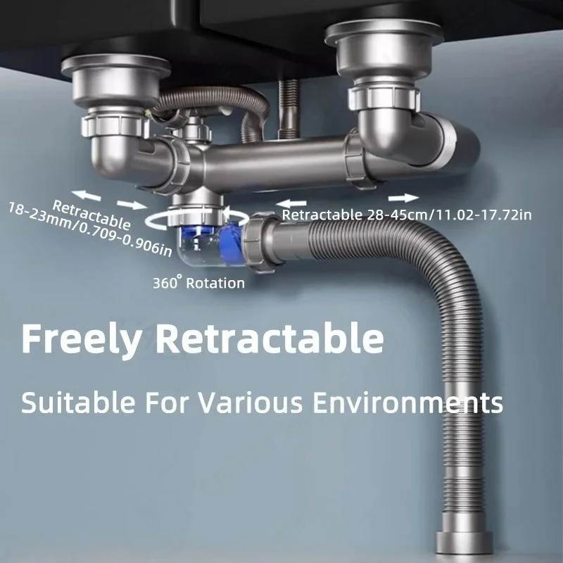 Double Sink Drain Pipe Kit Expandable Flexible Trap for Double Kitchen Sink Retractable Deodorant Sewer Drainage Water Hose