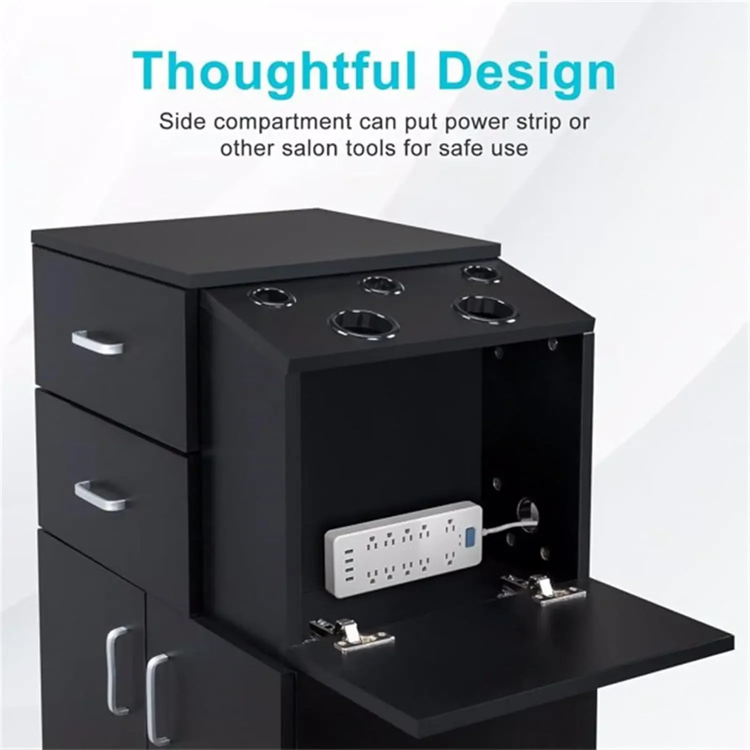 Rolling Salon Station, Beauty Salon Storage Cabinet Trolley, with 5 Hair Dryer Holders, 2 Drawers, Barber Styling Station, Tool