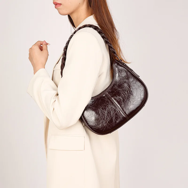 Cowhide Single Shoulder Women's Handbag, High-quality Genuine Leather Underarm Bag, Lady Fashionable Turtle Crack Commuting Bag