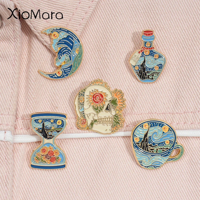 Van Gogh Oil Painting Enamel Pin Art Abstract Starry Sky Sunflower Moon Skulls Brooches Lapel Badge Jewelry Gifts For Friends