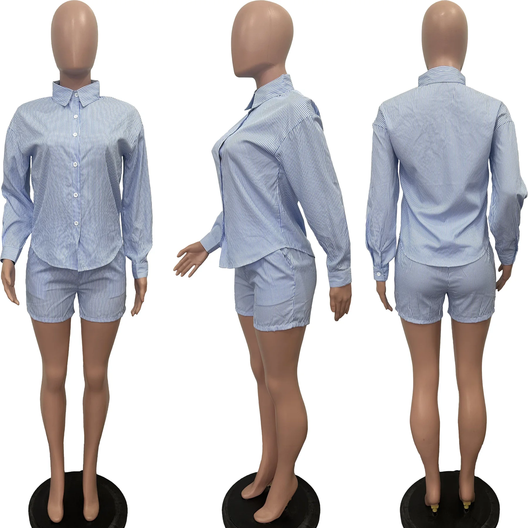 

Комплекты с шортами, женский костюм из 2 предметов, полосатая верхняя рубашка, короткие брюки, однобортный отложной воротник, 2025 г., офисный женский ансамбль