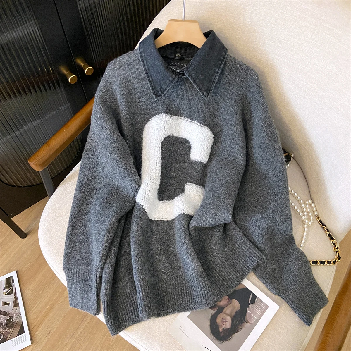 

Women's Grey Polo-Neck Pullover Sweater Harajuku Vintage 2000s Y2k Korean Style Loose Long Sleeve Letter Print Cashmere Sweater