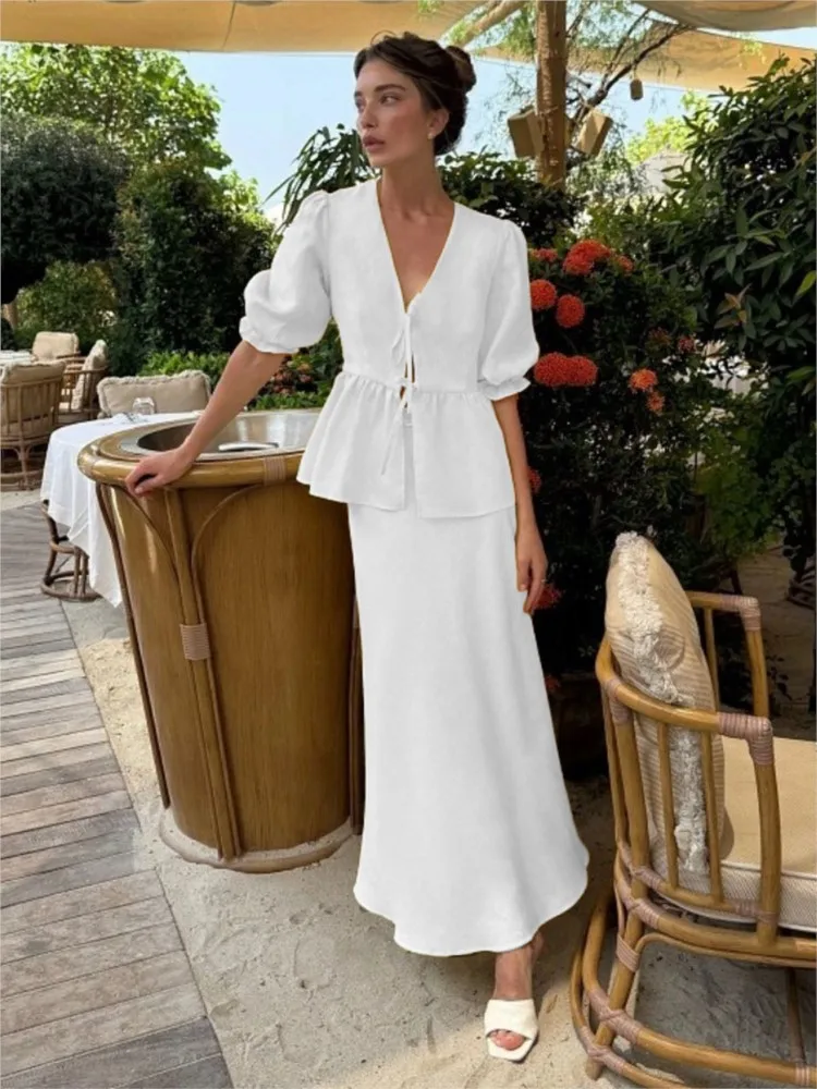 2026 Summer Women's 100% Cotton V-Neck Lace-Up Bubble Sleeve Shirt Long Skirt Set Loose Casual Two-Piece Suit Lady Home Suits