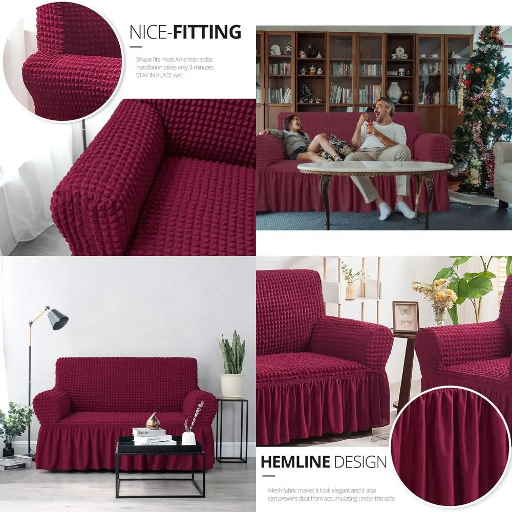 

Универсальный чехол для 3-местного дивана — эластичный, прочный красный чехол для дивана с юбкой, защита в стиле кантри (винно-красный), большой