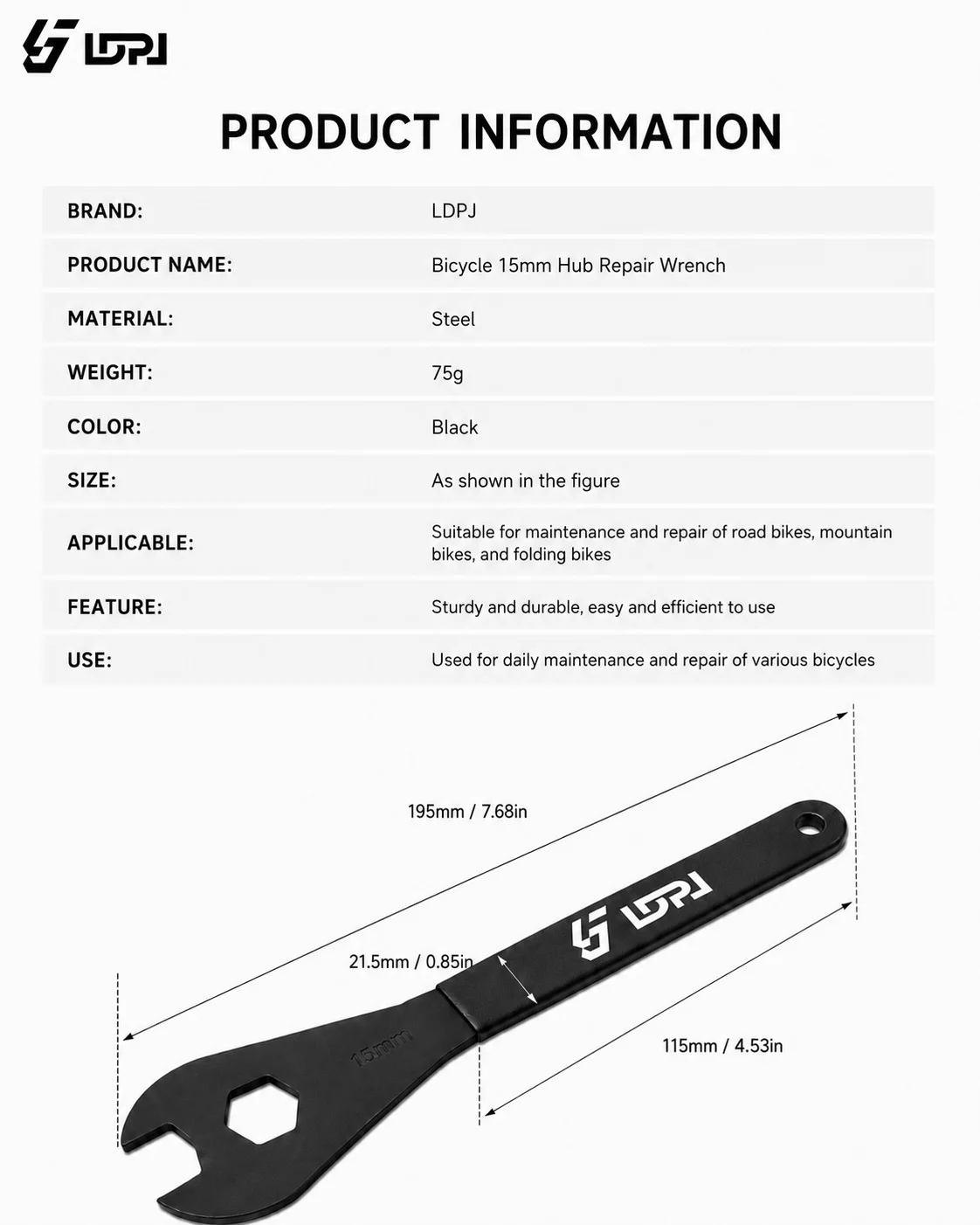 Fahrradpedalschlüssel 15mm, langlebig, für MTB Mountainbike-Naben, Montage- und Demontagewerkzeug, Schraubenschlüssel für Rennrad-Reparaturen ﻿ – Detail 1