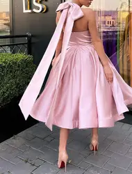 Pink Prom Dresses Halter Neckline A line Satin with Bow Tea Length Sleeveless Formal Party Simple Women Evening Gown Custom made