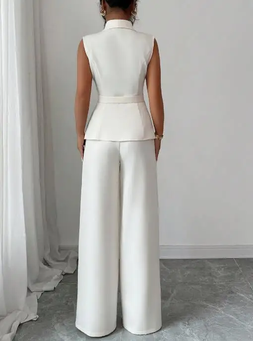 ชุดเซ็ทสองชิ้นสำหรับผู้หญิง ฤดูใบไม้ผลิ 2025 ใหม่ สไตล์หรูหรา สีพื้น คอวี แขนกุด เสื้อกั๊กเอวเข้ารูป และกางเกงขายาวทรงตรง