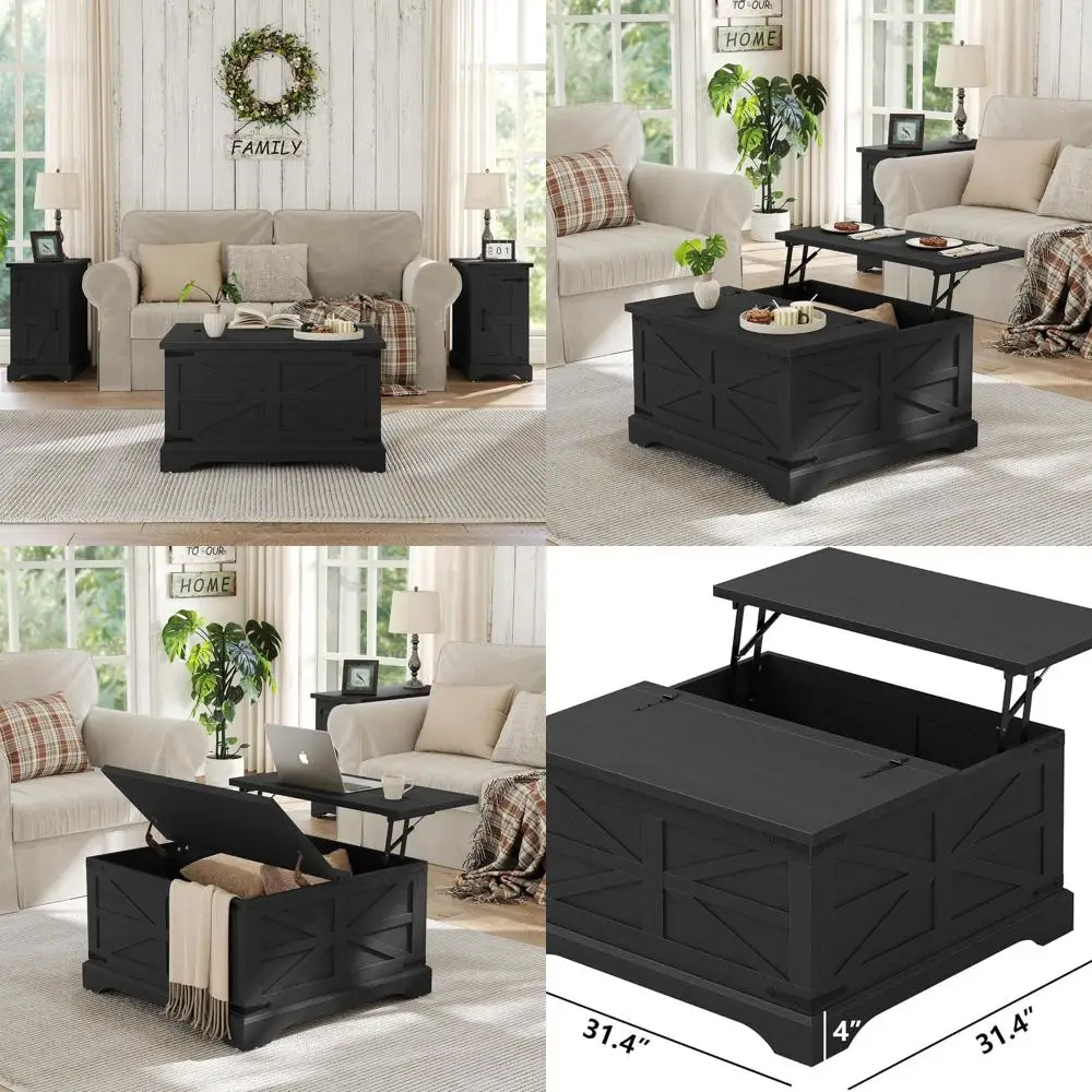 

Rustic Square Coffee Table with Lift Top and Storage for Living Room, Black