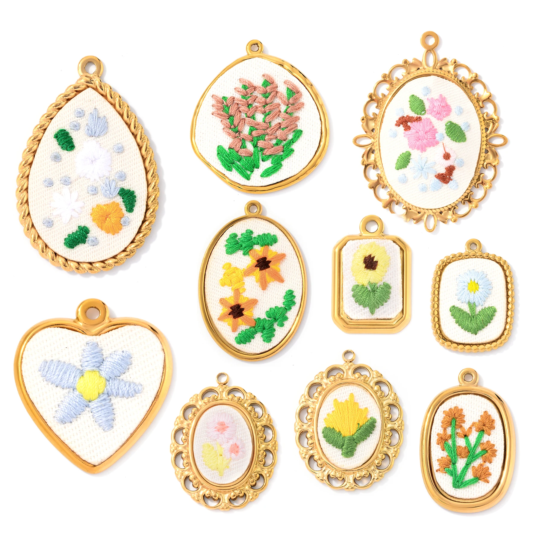 

2Pcs Oval Heart Flower Leaf Embroidered Charms Multicolor Stainless Steel Geometric Charms Pendants For DIY Necklace Making