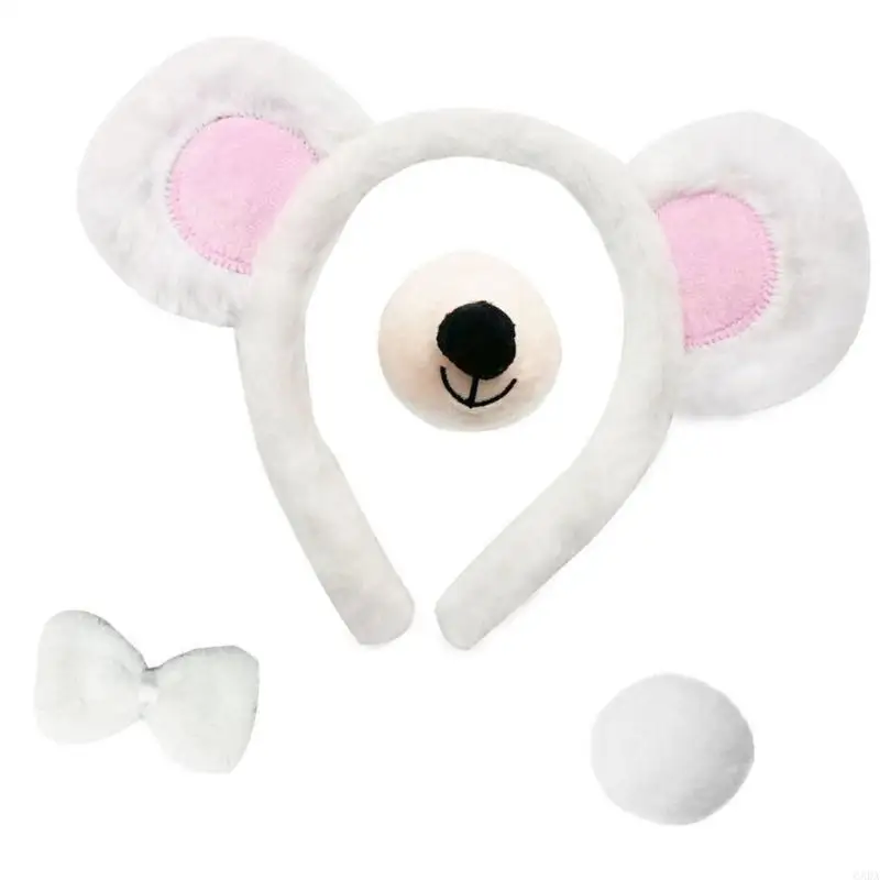 4Pcs Halloween Bear Cosplay Set Bear Headband Bowtie Nose Tail Fashion Headwear for Carnivals Costume Supplies 6XDA