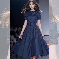 Fashion 2024 French Summer Dark Blue Midi Dress New High Quality Women Ruffled Collar Single Breasted Puff Sleeve Belt Vestidos