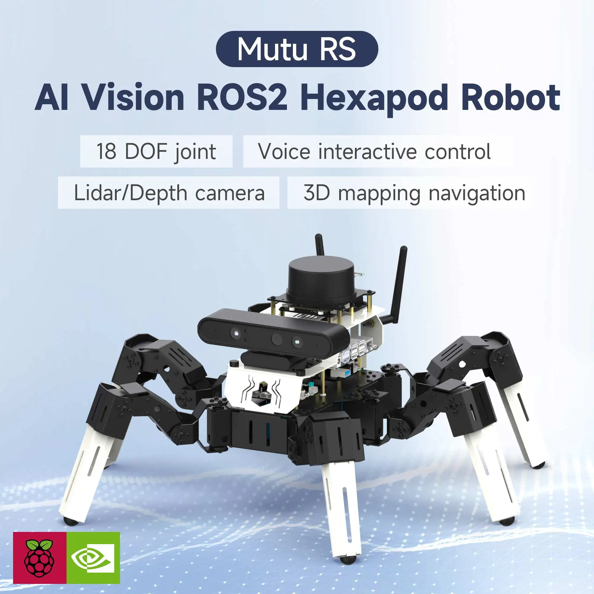 

18DOF ROS2 Hexapod Robot Spider с камерой лидара для Raspberry Pi 5 и Jetson NANO Поддержка моделирования RVIZ с 3D-картированием