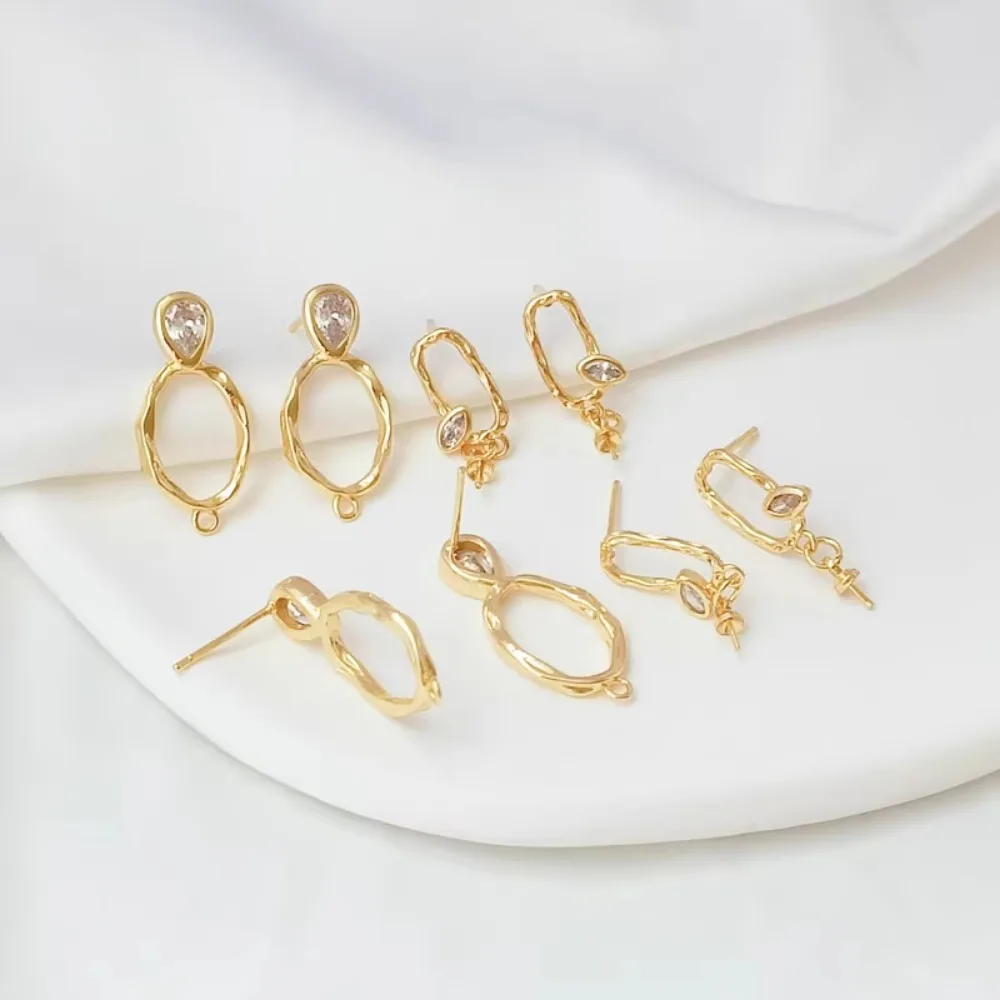 14K Gold-plated and Zircon Inlaid Irregular Oval Horse Eye Drop Stud Earrings S925 Silver Ear Pin Pendant Earrings