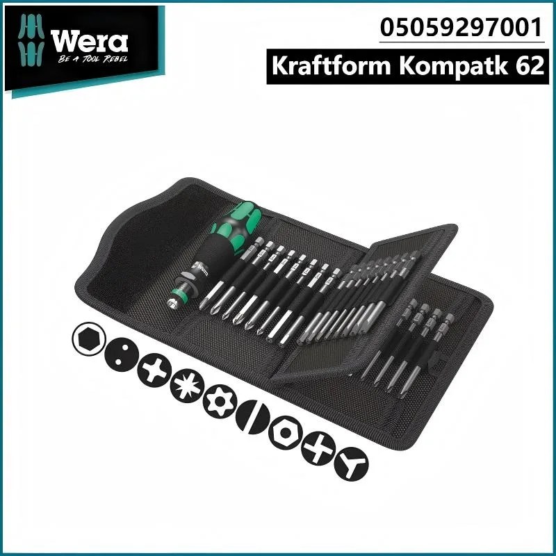 

Набор отверток WERA Kraftform Kompakt 62, 33 предмета - разные размеры, биты длиной 89 мм, сумка для инструментов, модель 05059297001