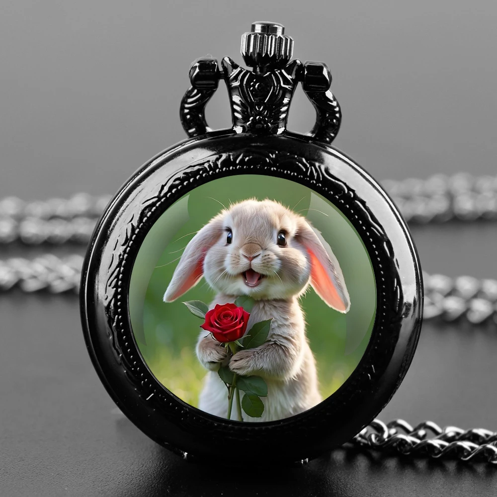 

The Rabbit with the Rose Glass Dome Quartz Pocket Watch With Durable Chain Arabic Numeral Dial Creative Gifts for Men Women Kids