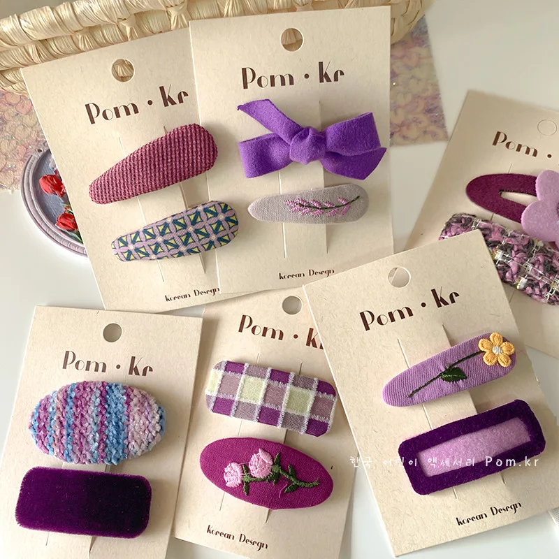 2pcs/lot Korean Girls Handmade Purple Weave Fabric Hair Clip for Cute School Girl Floral Hairpin with Checkered Bow Headband
