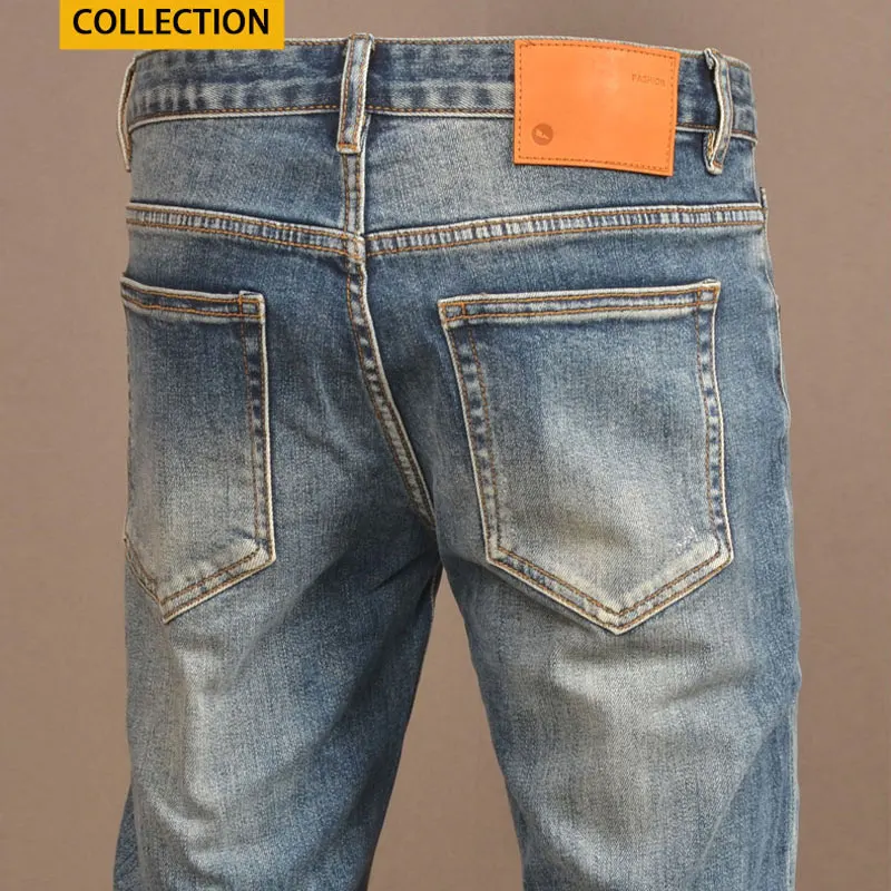 Streetwear Fashion Men Jeans Retro Blue Stretch Skinny Fit Ripped Jeans Men Patched Trousers Vintage Designer Denim Pants Hombre