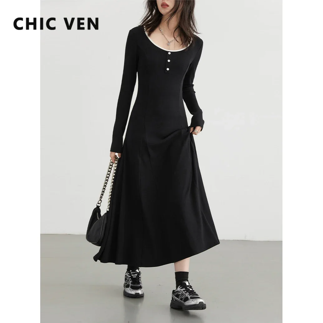 

CHIC VEN Women Dresses Black U-neck Long Sleeved Knitted Dress Slim Fit Long Woman Clothing Pullover Spring Autumn 2024