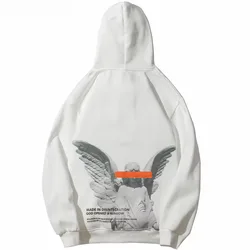 Mens 2024 Hip Hop Streetwear Harajuku Pullover Angel God Printed Hoodie Pocket Cotton Fleece Pullover Grey Hooded Sweatshirt