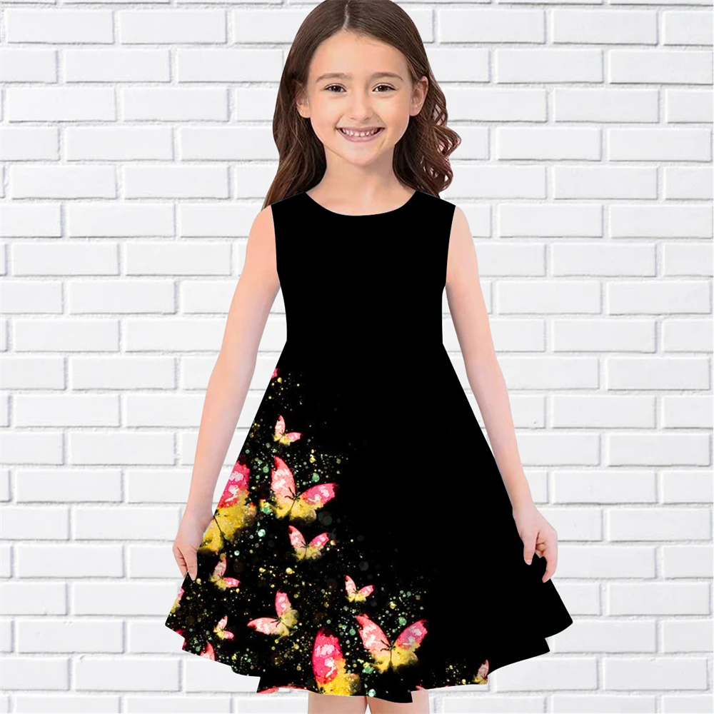 2024 Kids Little Girls Sleeveless Over Knee Dress Girls Dress 3D Butterfly Printed Daily Casual Cute Sweet Party Dress 90-170CM