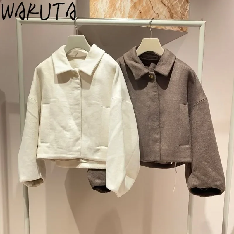 

Wakuta Japan Turn-down Collar Long Sleeve Coat Women Sweet Button Solid Double Pockets Jackets Simple Loose Moda Outwears