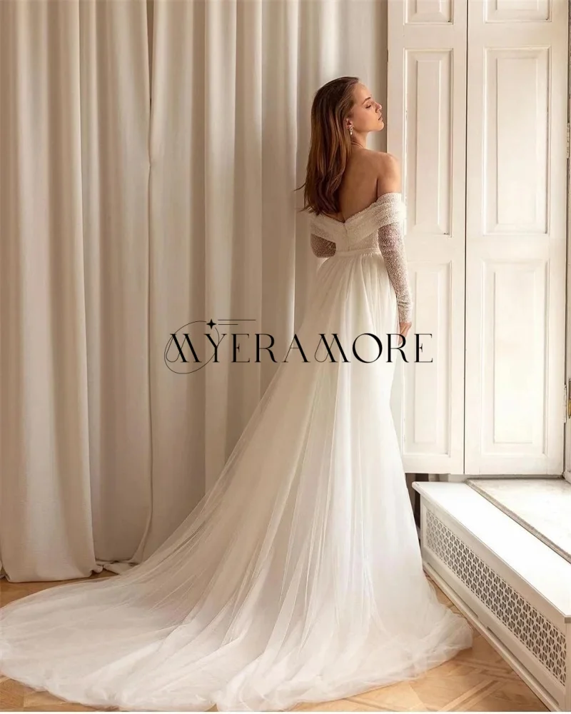 Gorgeous Shiny Sequins Lace Wedding Dresses Mermaid Long Sleeve Pleat Floor-Lenght Bridal Gowns Customized robe de mariée