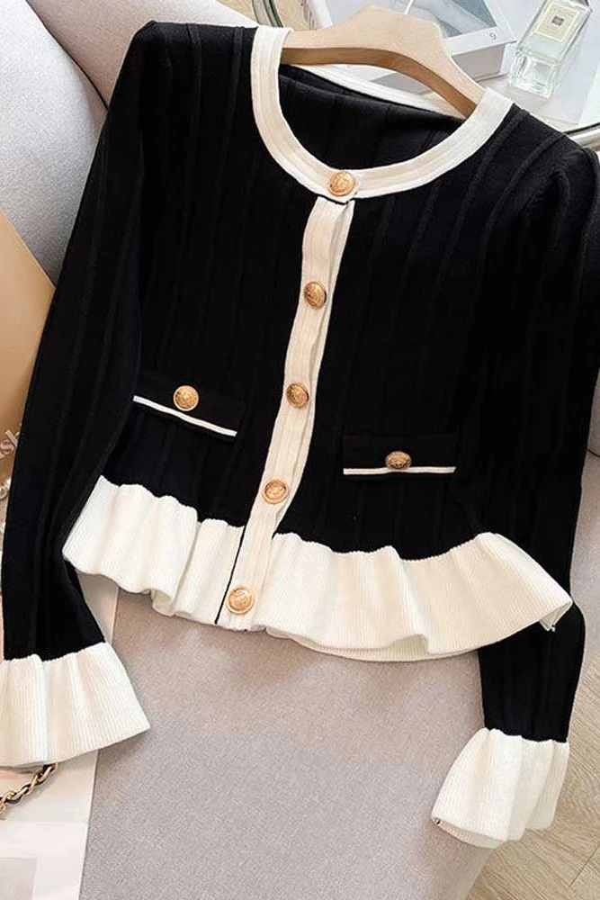 Korean Fashion Ruffles Vintage Knitted Sweater Coat O-neck Flare Sleeve Tunic Sweet Cardigan Y2k Casual Pull Femme Sweater Mujer