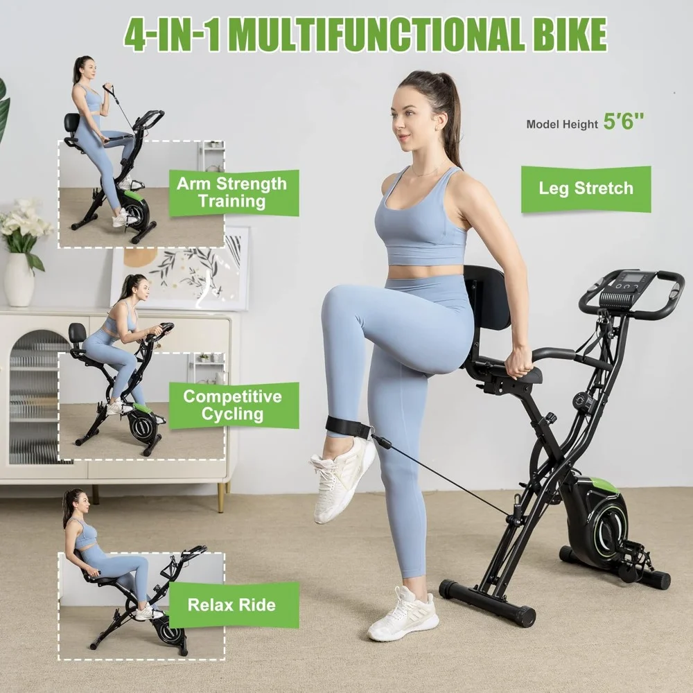 Folding Exercise Bike, 4 in 1 Stationary Bike 16-Level Magnetic Resistance Cycling Cycling Bike for Home Workout 330LB Capacity