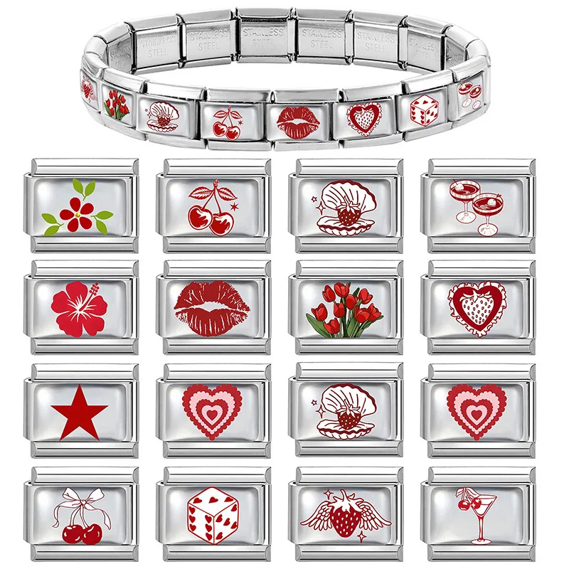 New Design Red Lips Heart Star Flower Shell Ball Cherry Italian Charm Links Fit 9MM Stainless Steel Bracelet Jewelry DIY Making