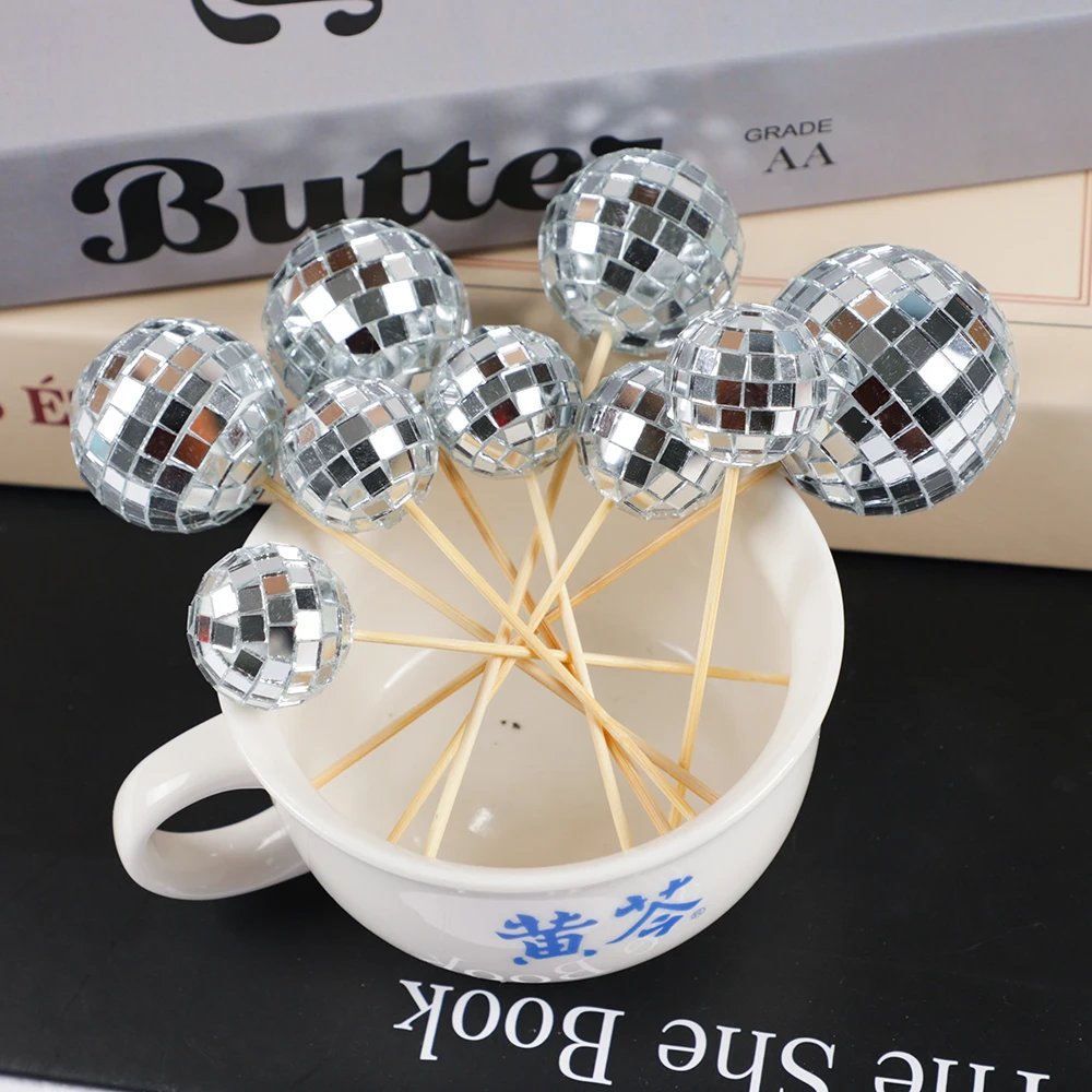 5/10Pcs Mirror Ball Cake Toppers Disco 70's 80 Retro Dance Disco Silver Cupcake Topper for Birthday Wedding Party Decoration