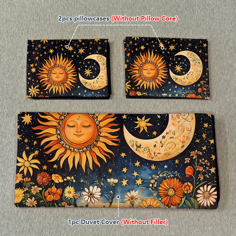 3PC Flower Sun and Moon High-Definition Printed Felt Duvet Cover Set (1 Duvet Cover + 2 Pillowcases) Machine Washable Set