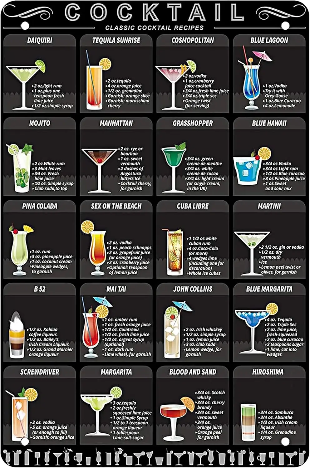 Cocktail Menu Retro Vintage Bar Metal Tin Sign Poster Ptyle Wall Art Pub Bar Decor (COCKTAIL)