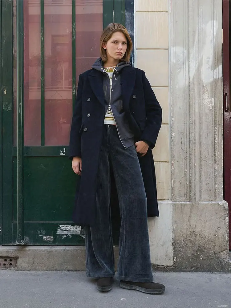 Noxulara Authentic Winter 2025 Double Breasted Wool Coat City Breze Brand Korean Style Straight Cut Long Sleeve Pure Color